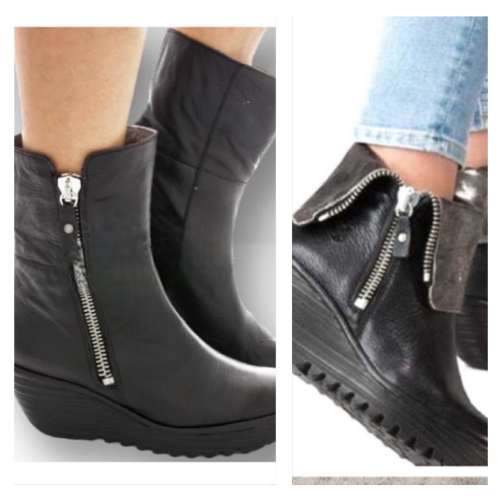 FLY London Yex Leather Fold-over Wedge  Boots - Picture 3 of 16
